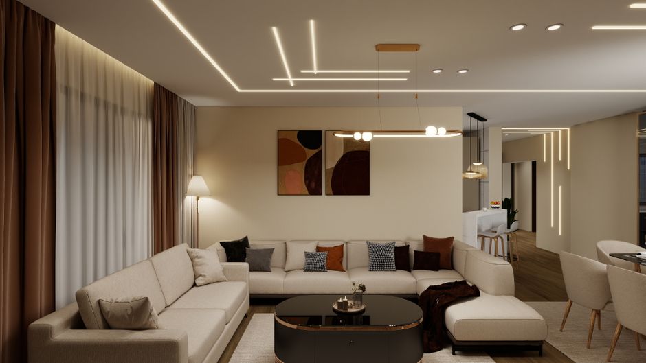 Séjour rénové avec éclairage LED encastré et rubans lumineux au plafond